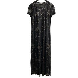 Vintage Y2K Byer Studio Dress 14 Black Sheer Mesh Overlay Gold Floral Maxi Fairy